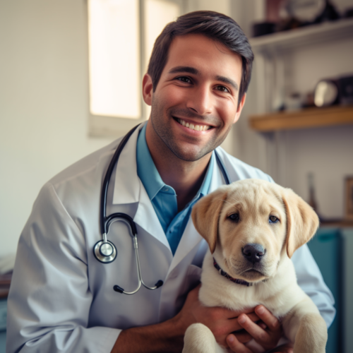 Vet doctor smiling to labrador puppy on his clinic