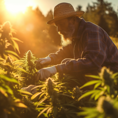 Farmer harvesting hemp plant, in a sunset setting