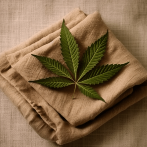 hemp fabric and hemp leaf on top