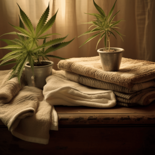 pile of hemp fabrics and two pots of cannabis plants