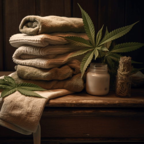 pile of hemp fabrics, hemp leaves