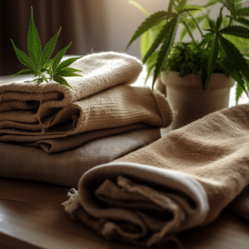 pile of hemp fabrics with hemp leaf on top, and cannabis plant in pot