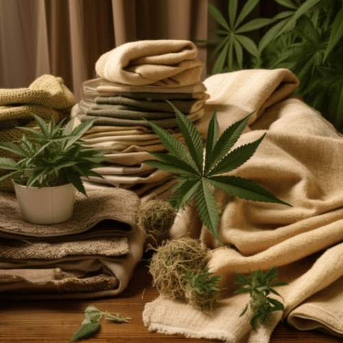 pile of hemp fabric, beige in color and hemp leaves