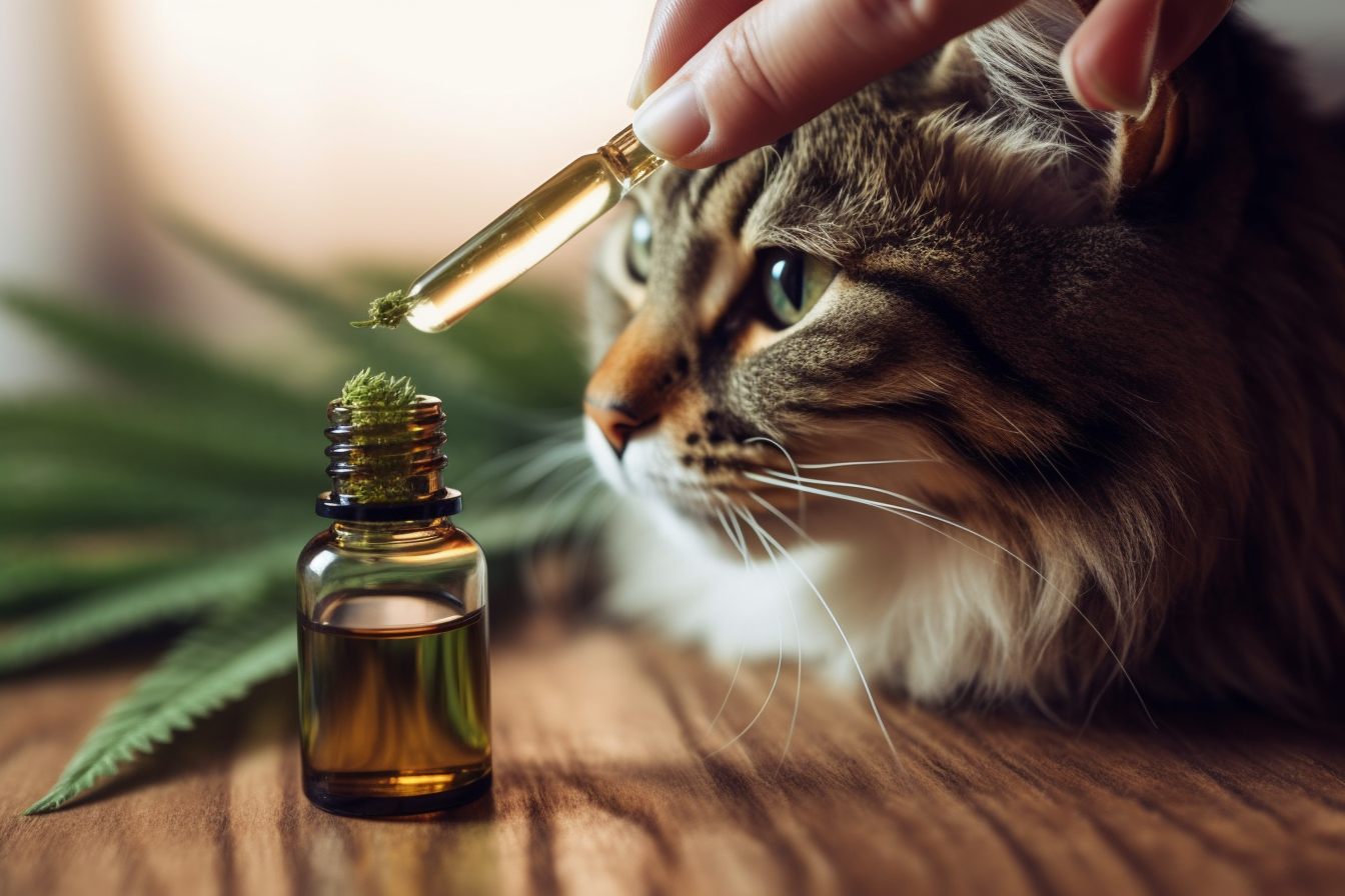 Pet cat taking hemp seed oil from dropper