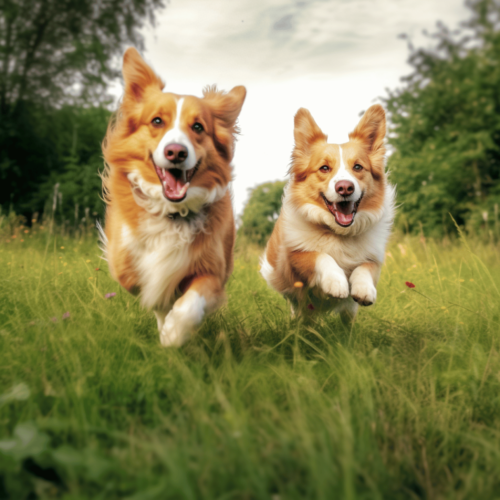 Two dogs running on the green grass, summer,