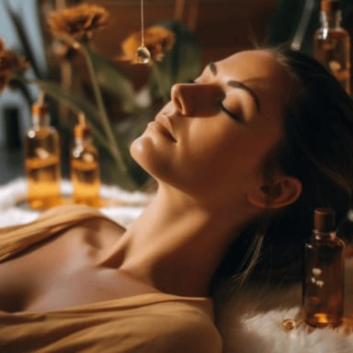 woman relaxing with CBD oils each side