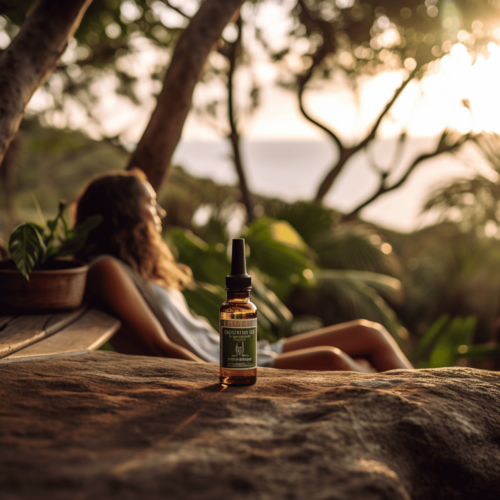 woman relaxing in the garden; focus shot of CBD oil