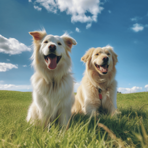 Two happy and healthy dogs with a shiny coat