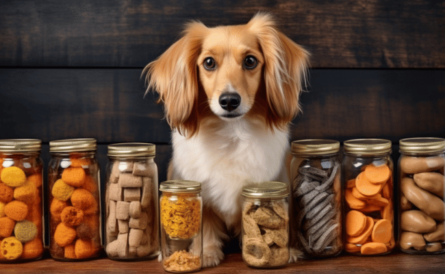 CBD-infused dog treats in a different jars with dog in the middle