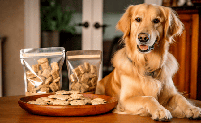 CBD dog treats laying on a table with an old golden retriever standing with his two back legs on the ground and his two front legs on the table