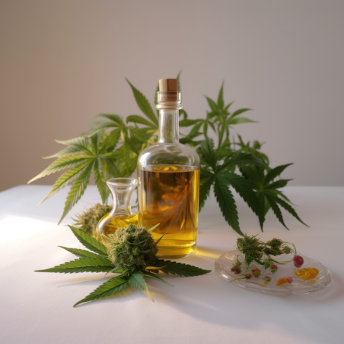 A bottle of organic CBD oil, natural remedy, hemp leaf, CBD flower; in a white background