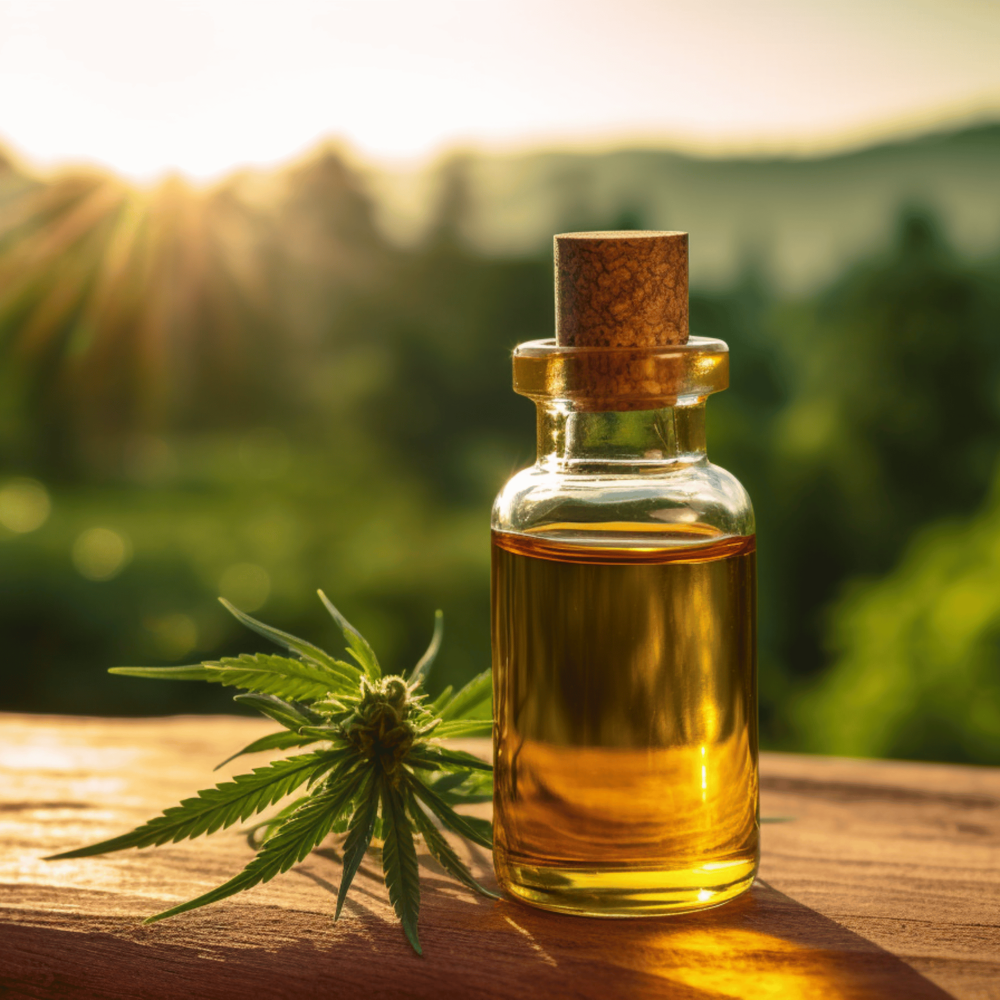 A glass bottle of CBD oil in the foreground on a wooden table with a green cannabis field in the background