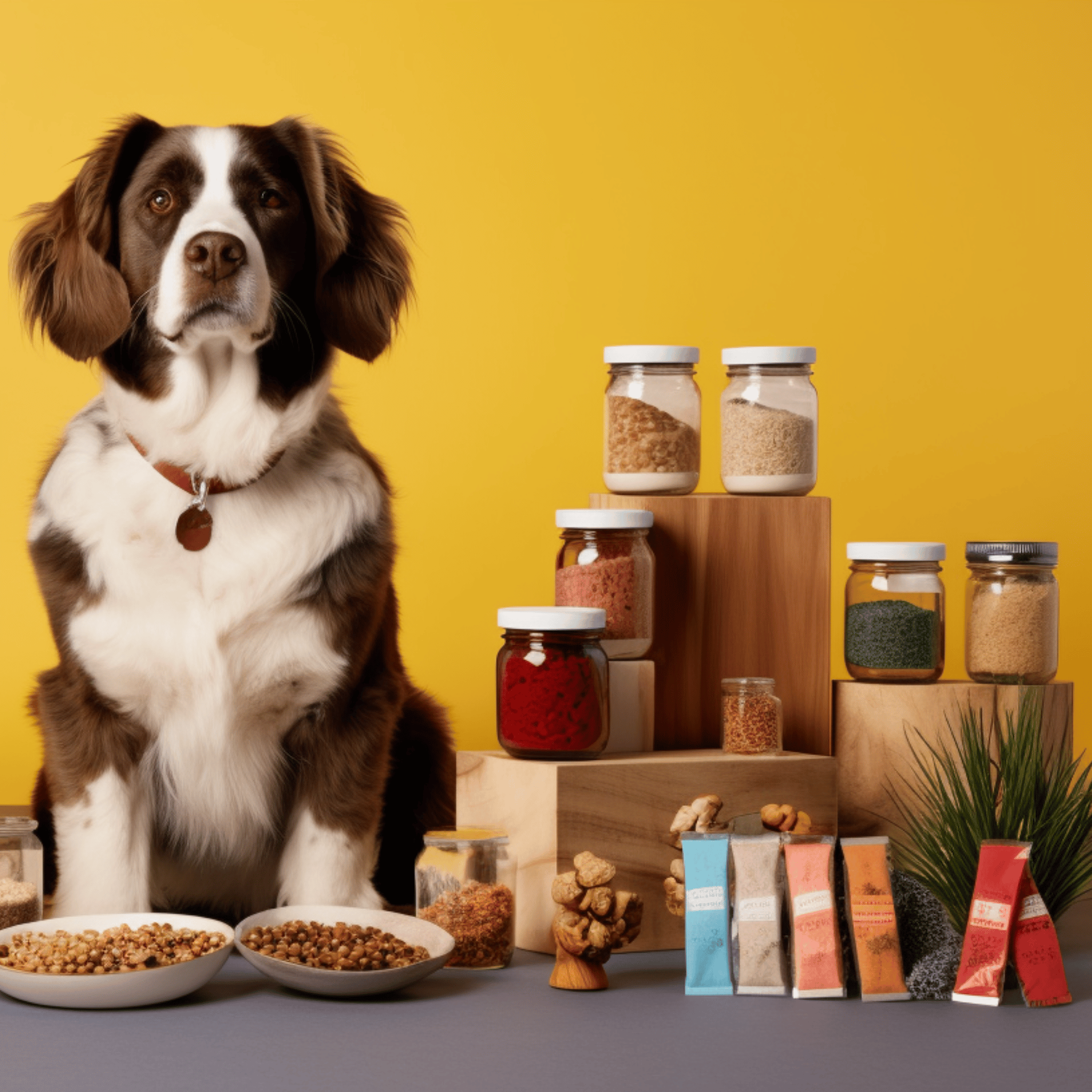 variety of CBD product types for dogs; a colorful array of CBD - infused dog treats, oils, capsules, and sprays arranged neatly on a clean backdrop