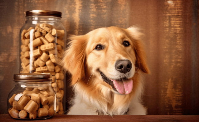 CBD treats for Dogs n a jars, beside is a Golden Retriever