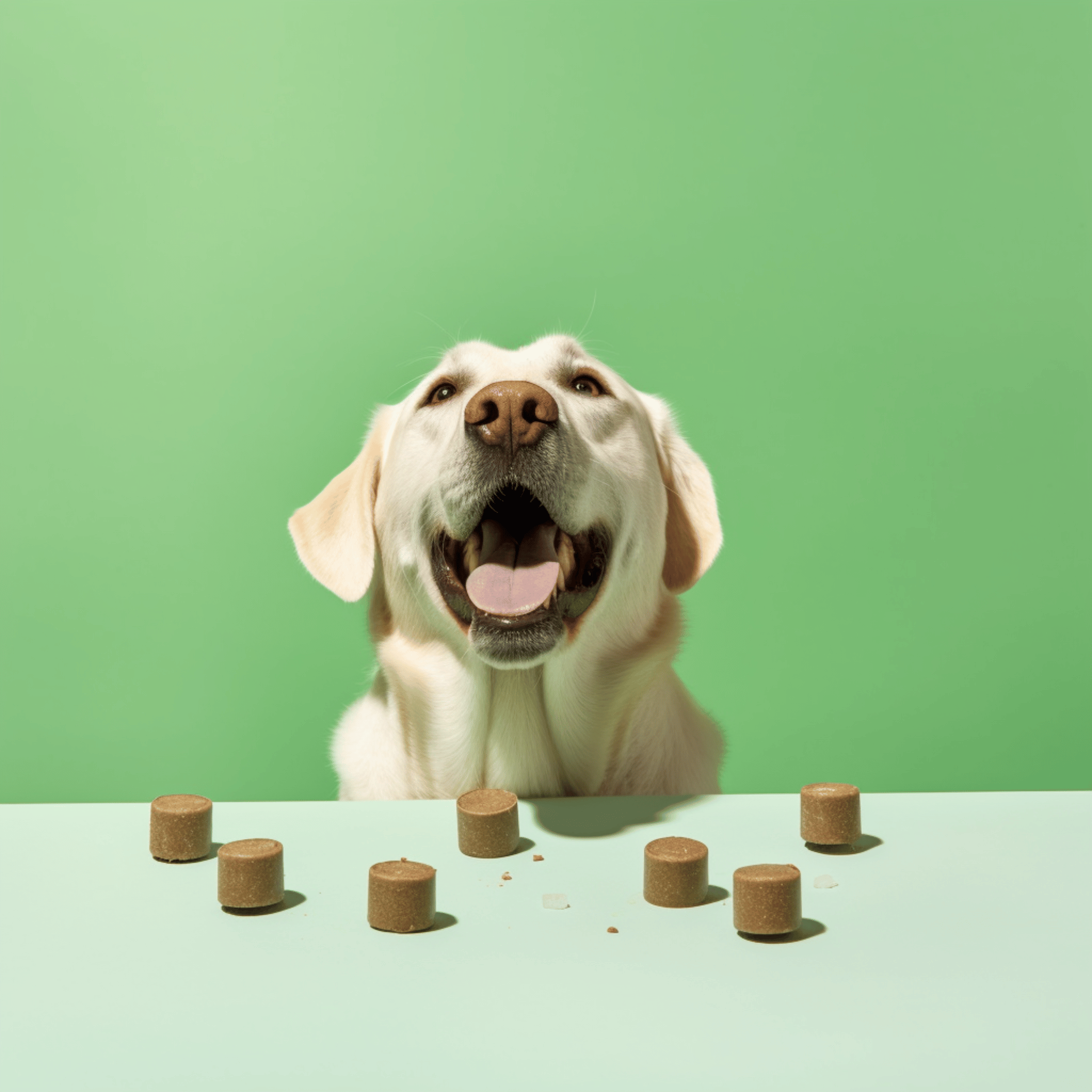 et in a white and green photography studio, capture a lively moment of a cream - colored Labrador dog catching a treat in his mouth.