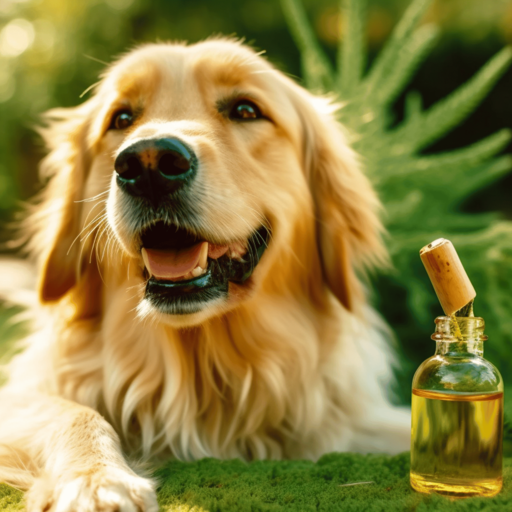 golden retriever dog and hemp oil beside it on the grass