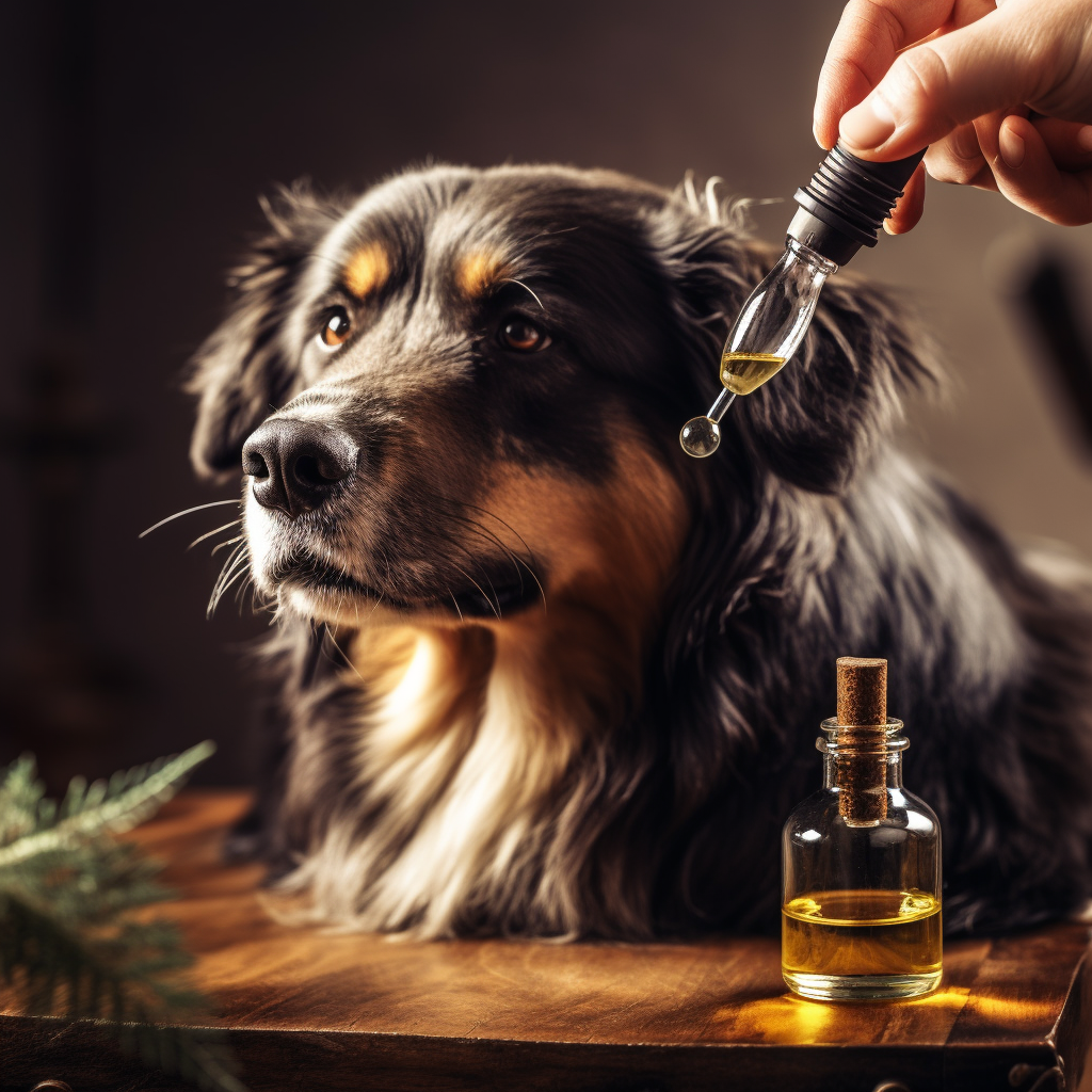 Dog taking CBD Hemp Oil from Tincture Dropper