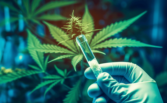 A scientist's gloved hand meticulously holding a dropper with cannabis leaf in the background