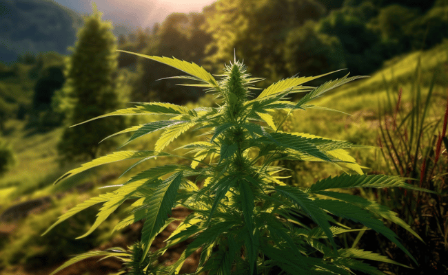 a single cannabis sativa plant standing tall in a wild , with the sun backlighting the plant