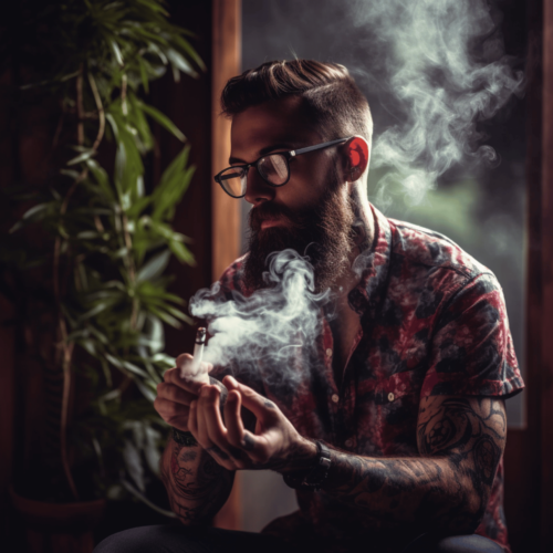 man vaping cannabis product inside his room for relaxation