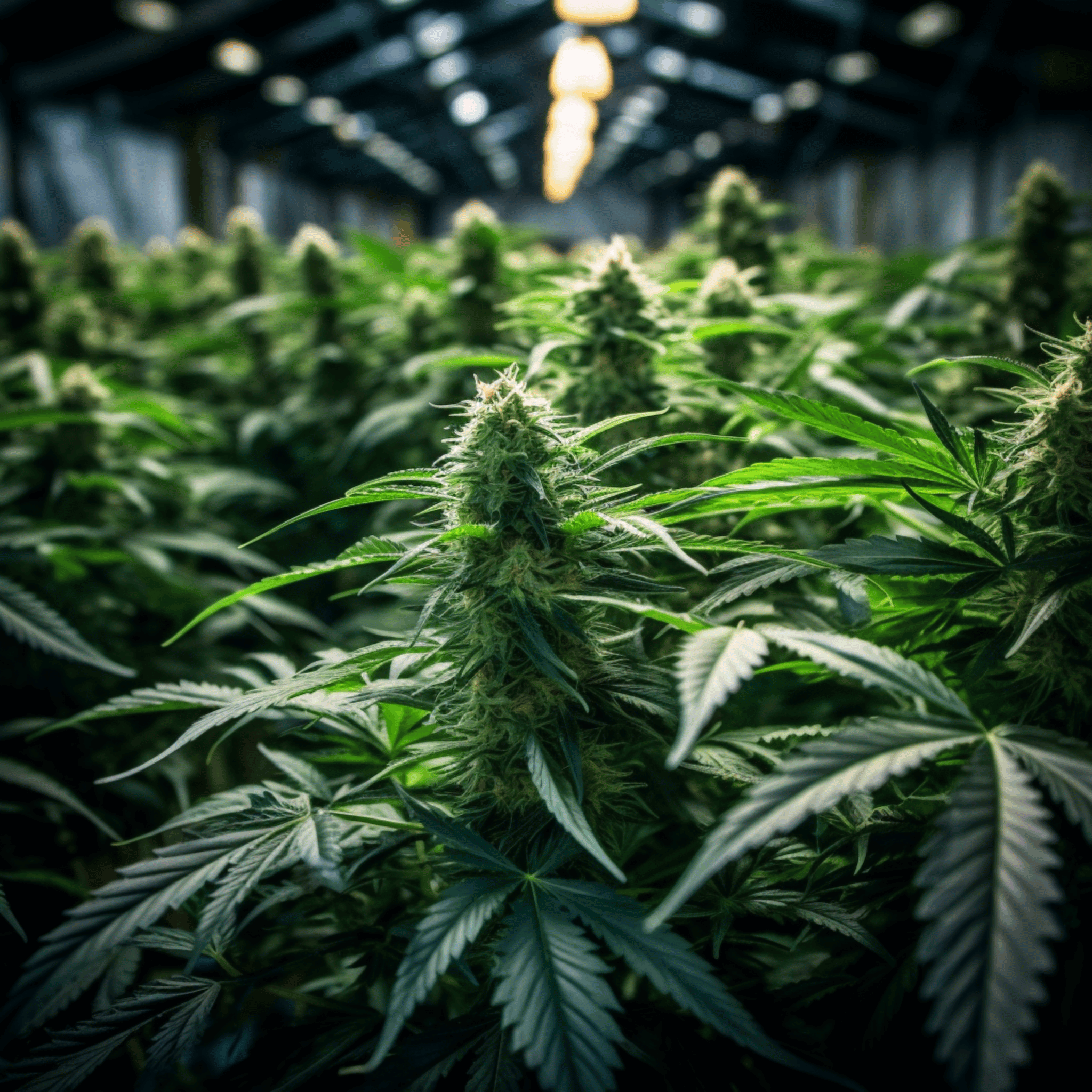 Focus on a cannabis plant in a large greenhouse