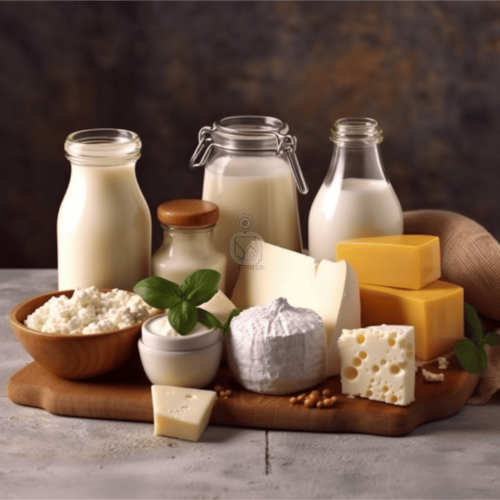 Assorted dairy products, milk, sour cream, cottage cheese, cheese, yogurt