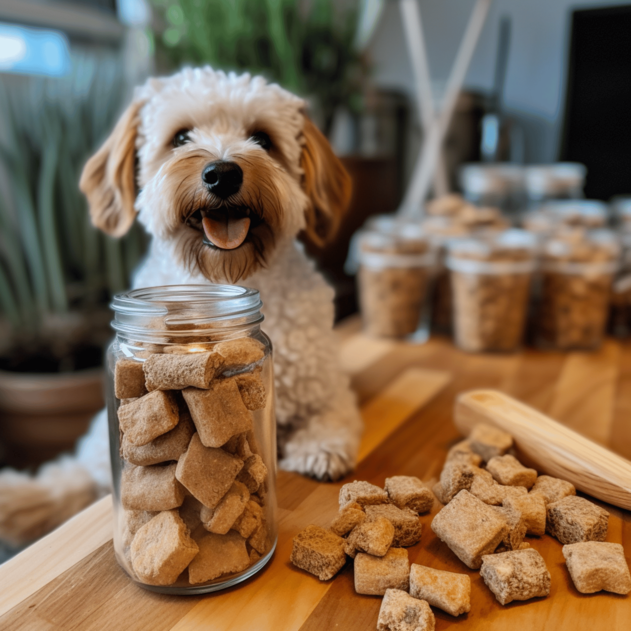 CBD dog treats in a jar  and a fluffy dog