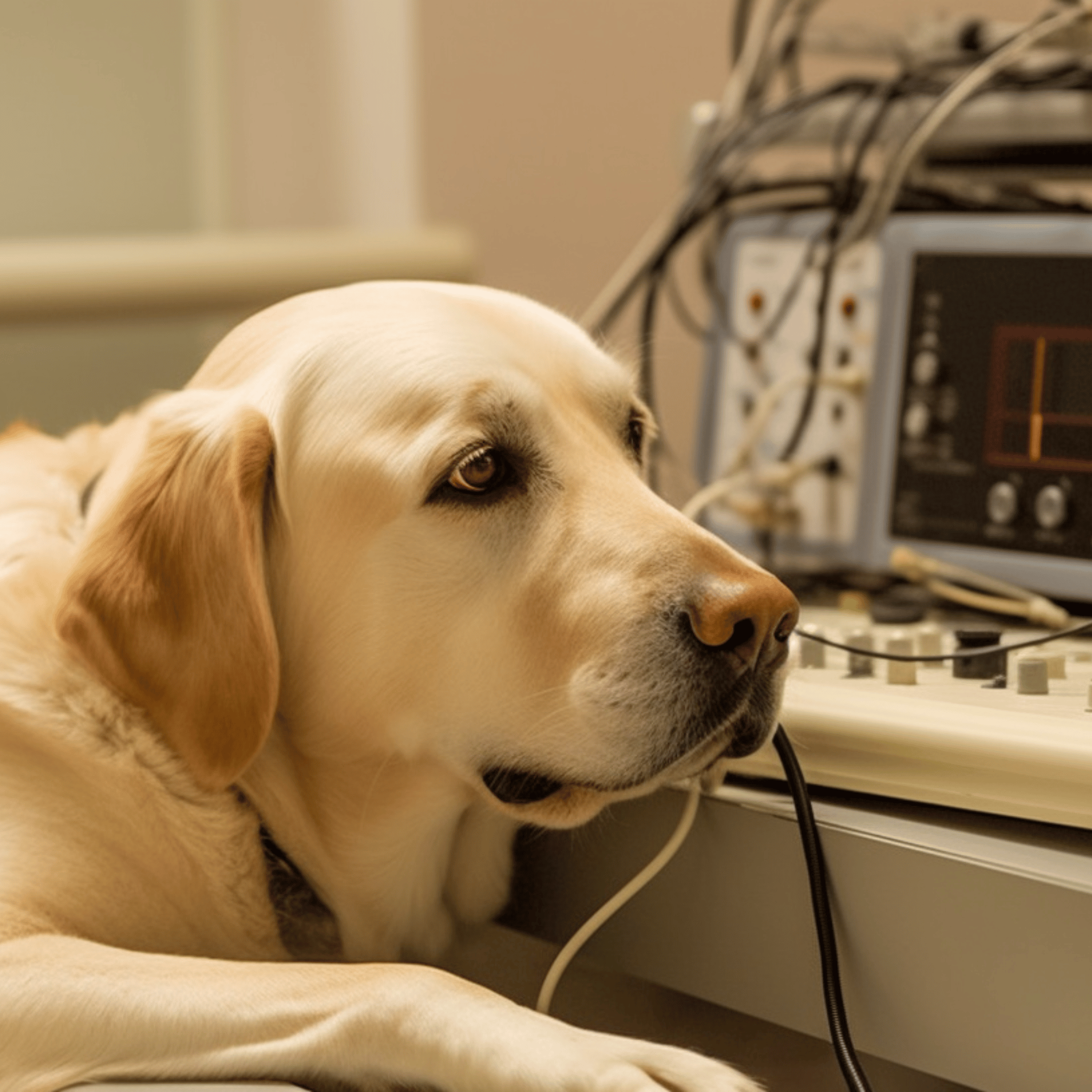 a heartwarming scene of a Labrador dog undergoing an ECG procedure in a vet clinic