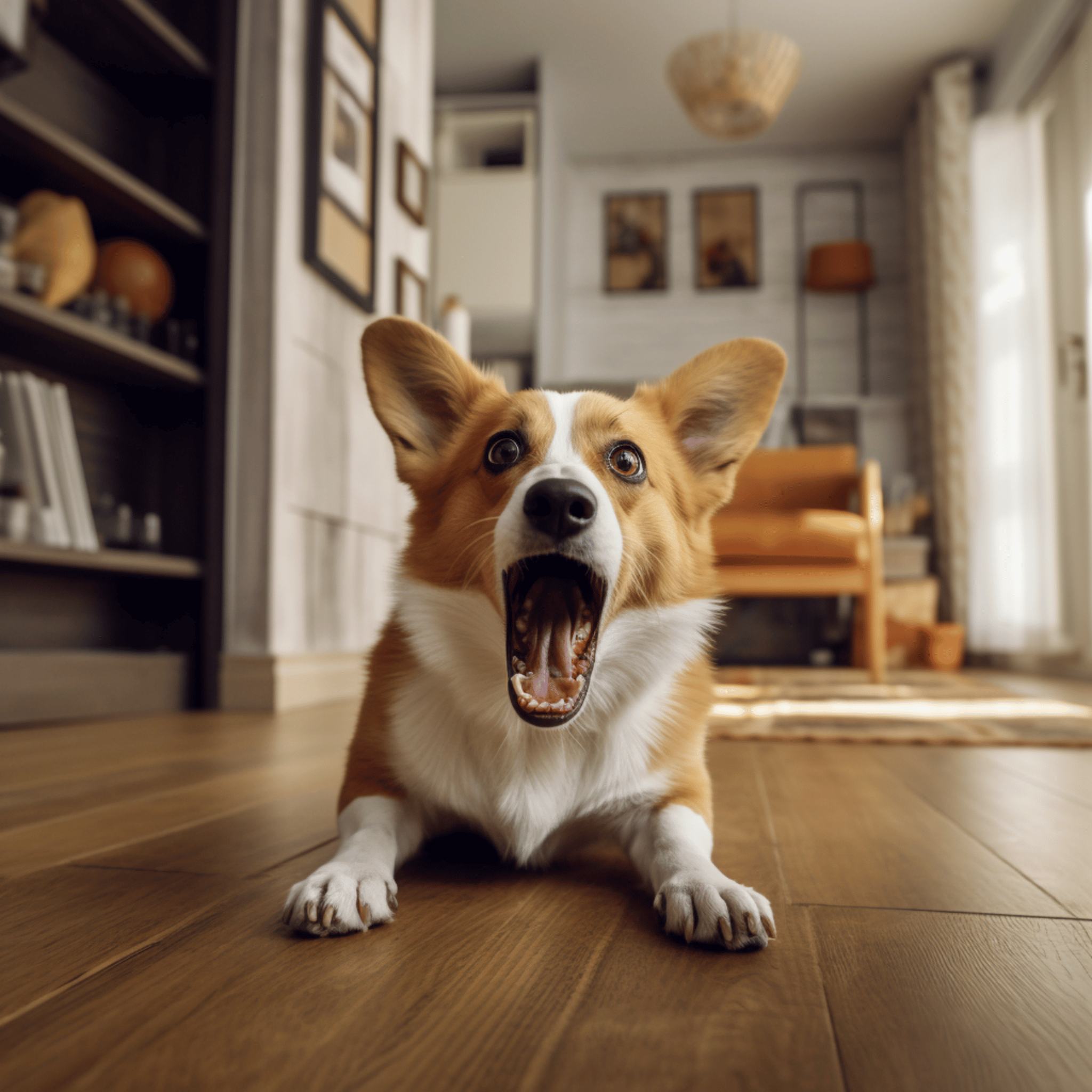 Cute dog barking on the floor at home