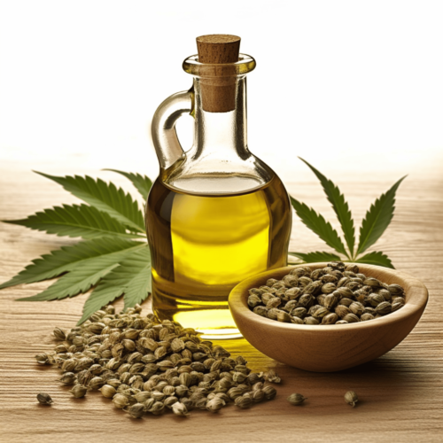 Hemp Seed Oil in a glass bottle and hemp seeds on a wooden saucer; on a wooden table with white background