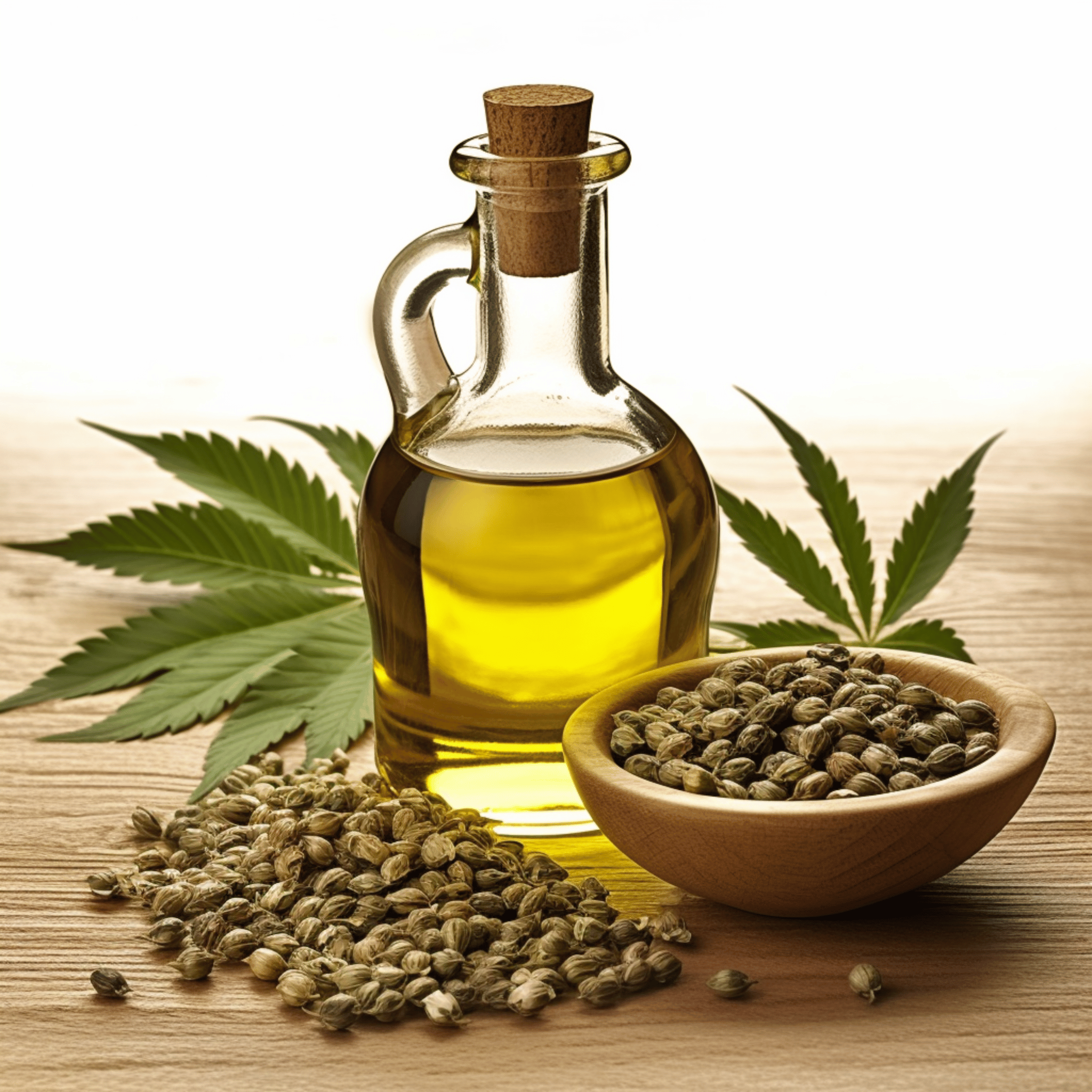 Hemp oil in glass bottle, hemp seeds, and hemp leaf on a wooden table with white background