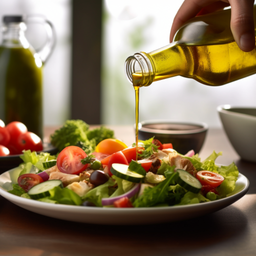 a person, face hidden from view, pouring hemp seed oil from a front - facing bottle onto a crisp, colorful salad