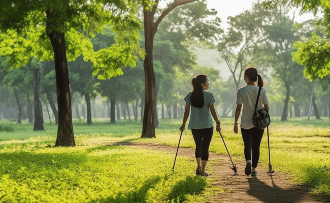 Two women walking with poles in a park