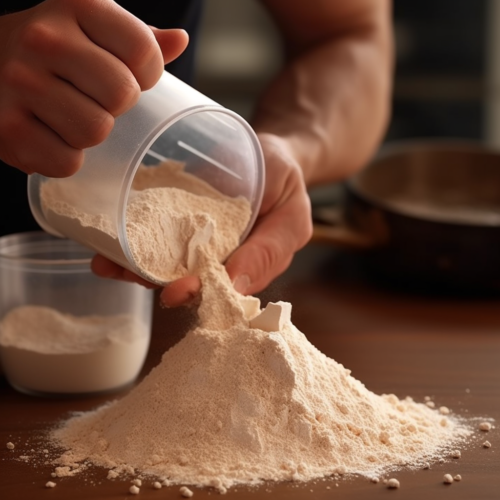 focus shot of protein powder, poured on the wooden table