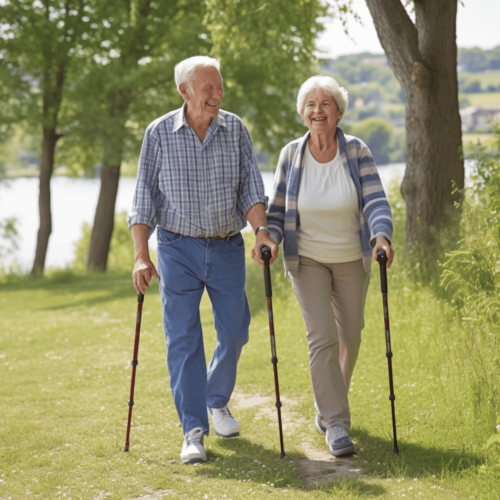 the two elderly individuals step out for a leisurely walk on a sunny day
