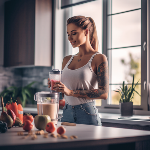 woman standing in a brightly - lit kitchen, with the focus on their arms as they blend the protein shake in a sleek, modern blender