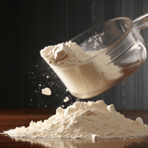 High - quality whey protein, white powder in a bowl spilling out