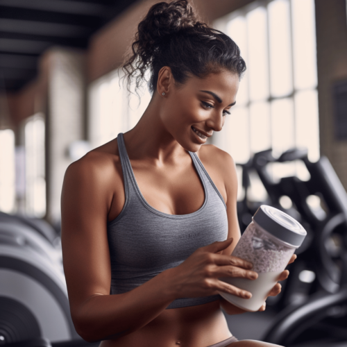 a concise shot captures a jar of protein powder for women in a comprehensive frontal view, positioned near the workout area