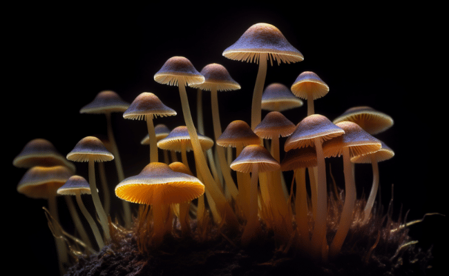 Psilocybin hypnotic mushrooms or shrooms in a black background