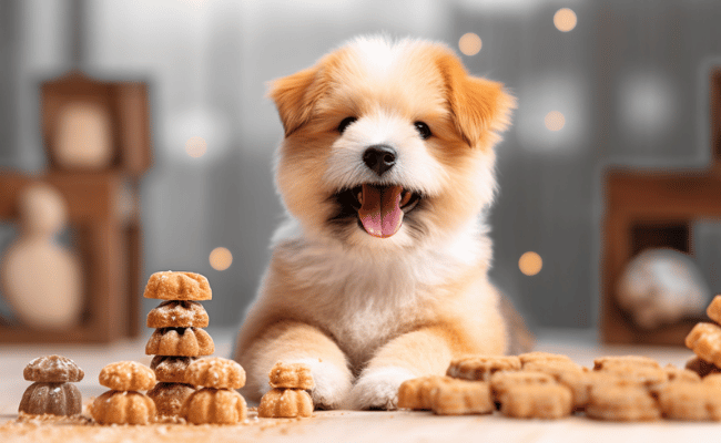 happy puppy with CBD Dog Treats in front