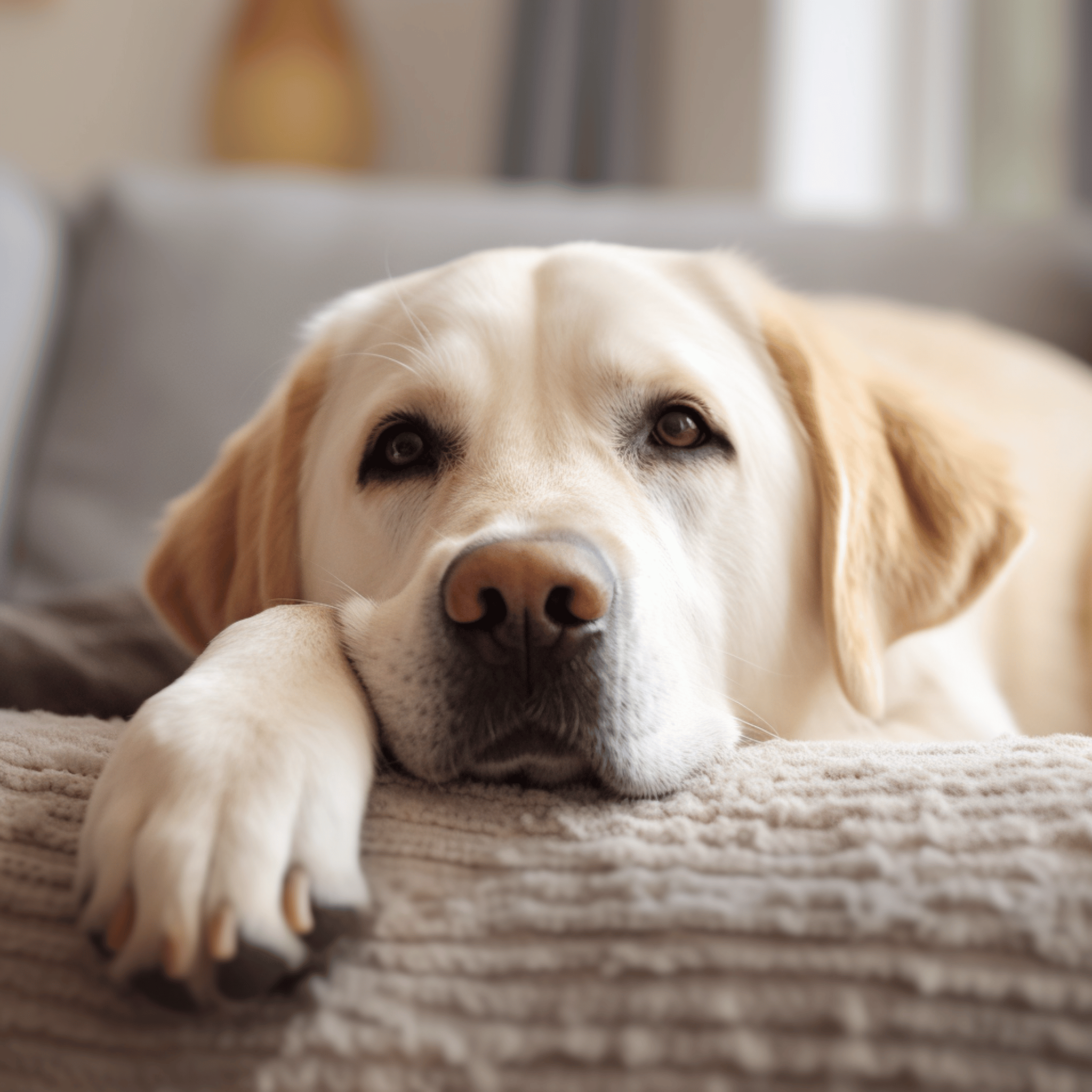 Cute fluffy Labrador Retriever laying on sofa at home looking unhappy