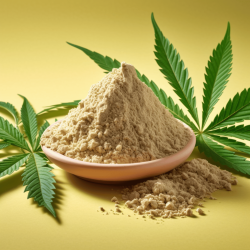 Raw hemp protein powder, product photography, colored background, hemp leaf