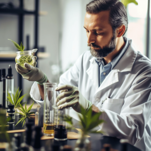 Medical scientist back view with cannabis hemp research in medicine laboratory to make a herbal extract of CBD