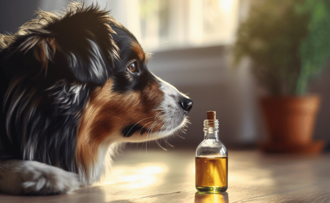 pet dog, sideview; hemp oil