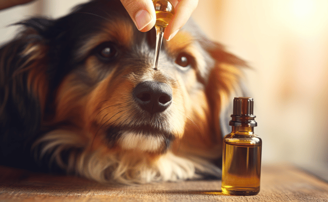 Hand giving dog CBD oil by licking a dropper pipette,