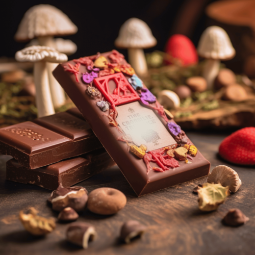 Shroom-infused chocolates and sweets with magic mushrooms at the back