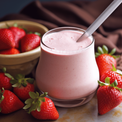 Strawberry flavored protein shake, strawberry fruits scattered around