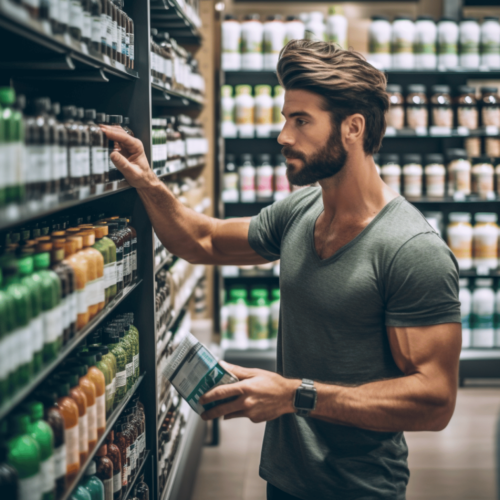 Confident healthy man reviewing supplement choices at the store, protein powder