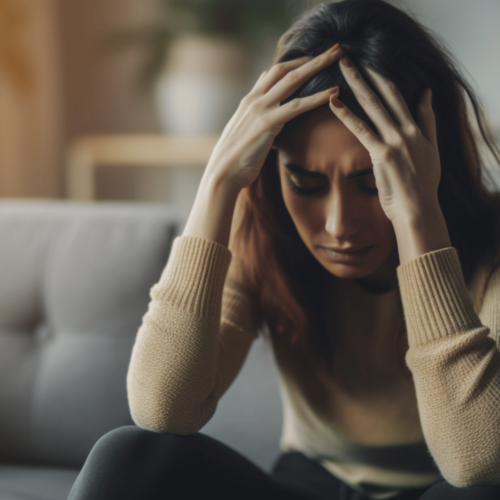 woman feeling down, sitting on the sofa and holding his forehead