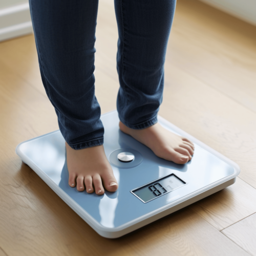 Closeup photo of a woman's leg standing on a digital weighing machine, areal view, capturing the moment of weight measurement.